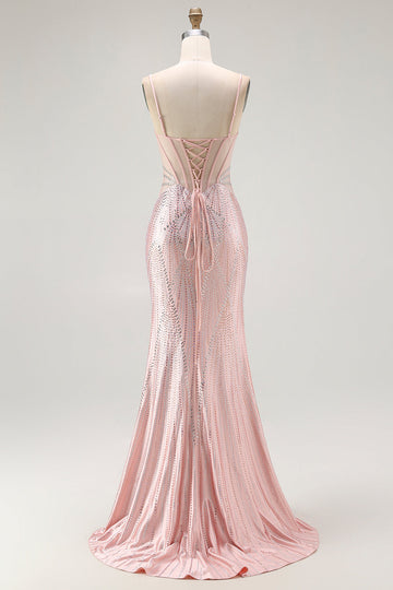 Blush Mermaid Corset Beaded Long Prom Dress with Lace Up Back